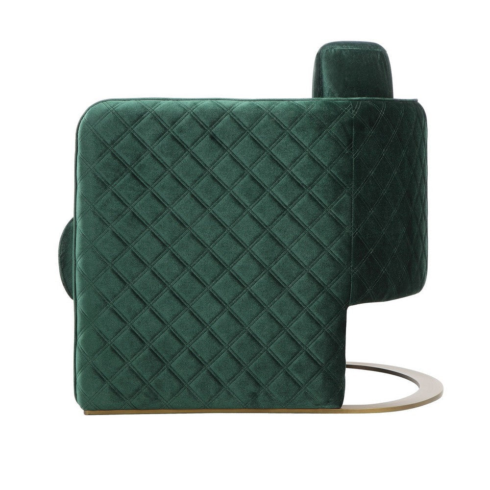 Usso 29 Inch Lounge Chair, Green Velvet, Diamond Quilted Design, Metal By Casagear Home