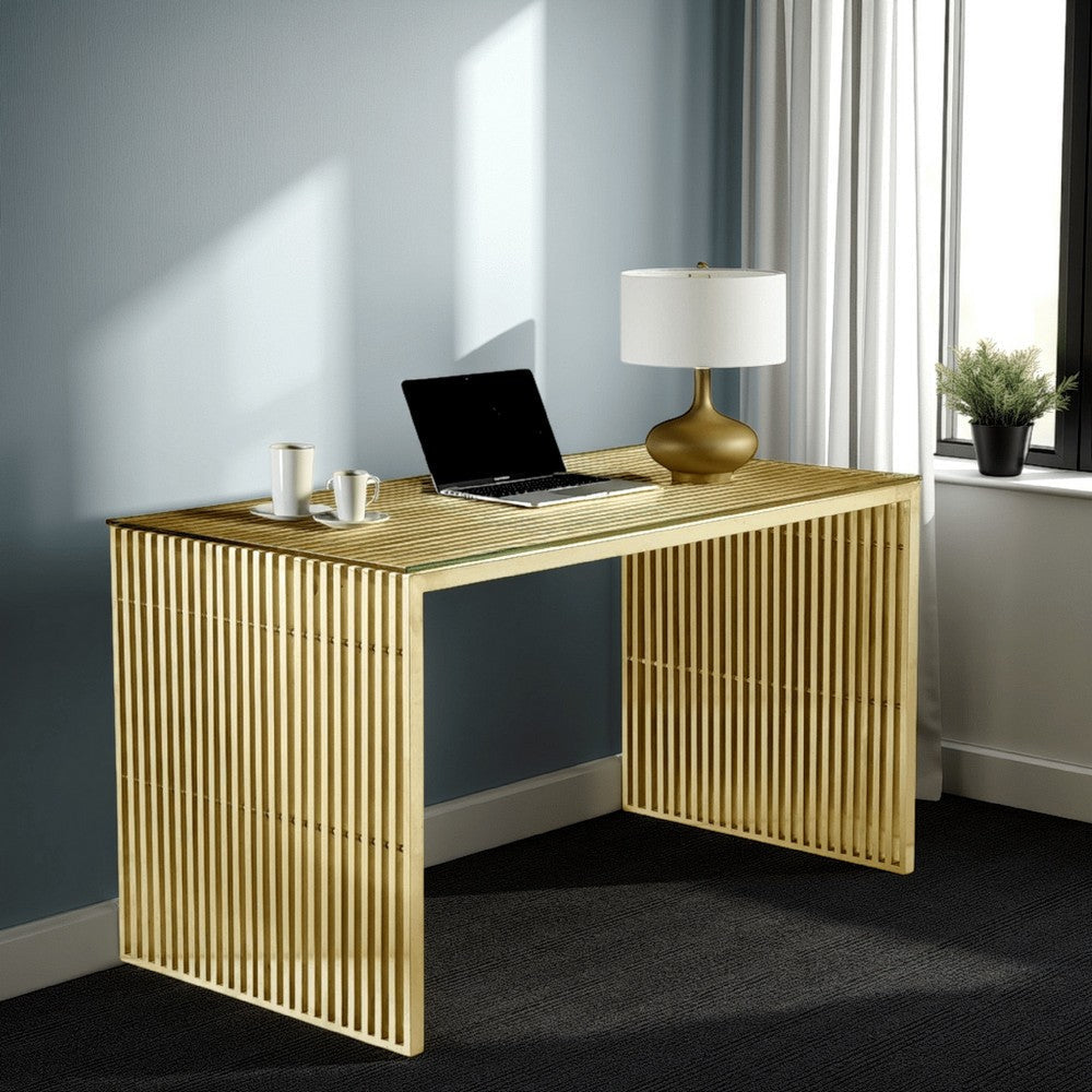 Meza 59 Inch Office Desk, Tempered Glass, Waterfall Design, Gold Steel By Casagear Home