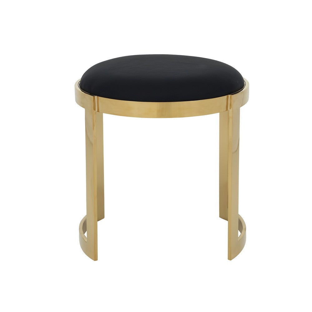 Niyo 19 Inch Ottoman Stool, Round Black Faux Leather, Stainless Steel, Gold By Casagear Home