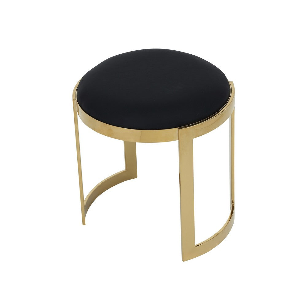 Niyo 19 Inch Ottoman Stool, Round Black Faux Leather, Stainless Steel, Gold By Casagear Home
