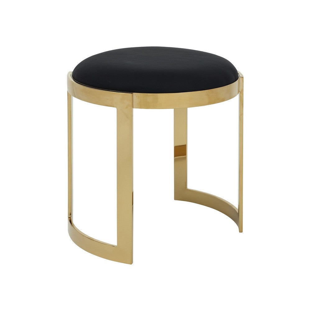 Niyo 19 Inch Ottoman Stool, Round Black Faux Leather, Stainless Steel, Gold By Casagear Home