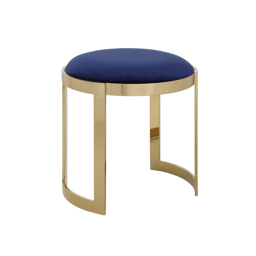 Niyo 19 Inch Ottoman Stool, Round Navy Blue Velvet, Gold Stainless Steel By Casagear Home