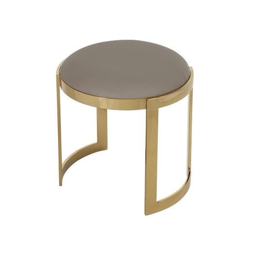 Niyo 19 Inch Ottoman Stool, Round Sand Faux Leather, Stainless Steel, Gold By Casagear Home
