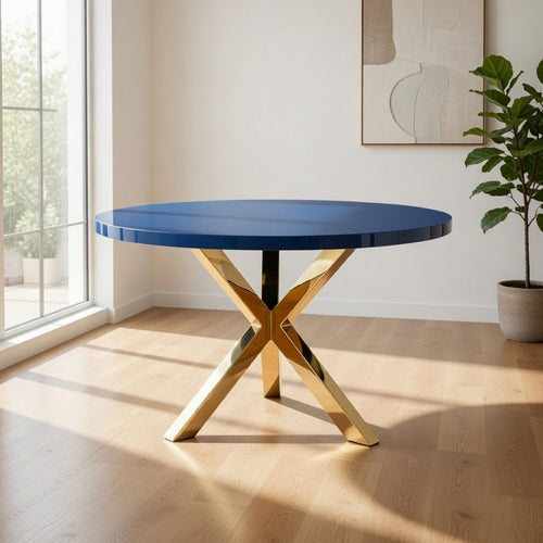 Emi 47 Inch Dining Table, Round Navy Blue Lacquer Top, X Twisted Gold Legs By Casagear Home