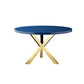 Emi 47 Inch Dining Table, Round Navy Blue Lacquer Top, X Twisted Gold Legs By Casagear Home