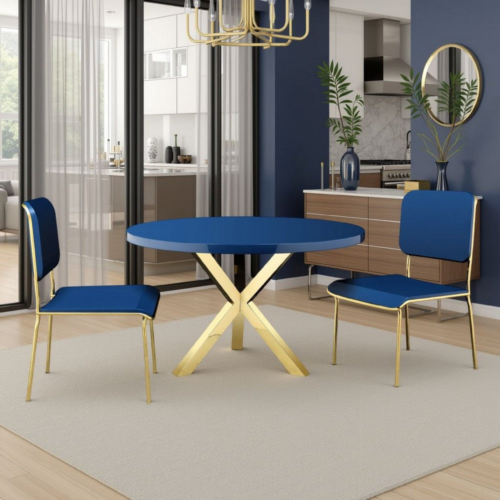 Emi 47 Inch Dining Table, Round Navy Blue Lacquer Top, X Twisted Gold Legs By Casagear Home