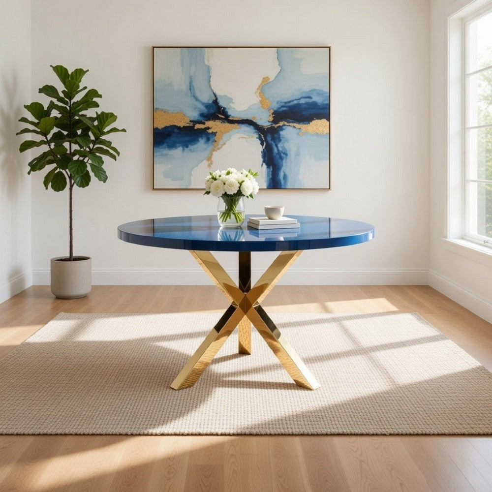 Emi 47 Inch Dining Table, Round Navy Blue Lacquer Top, X Twisted Gold Legs By Casagear Home