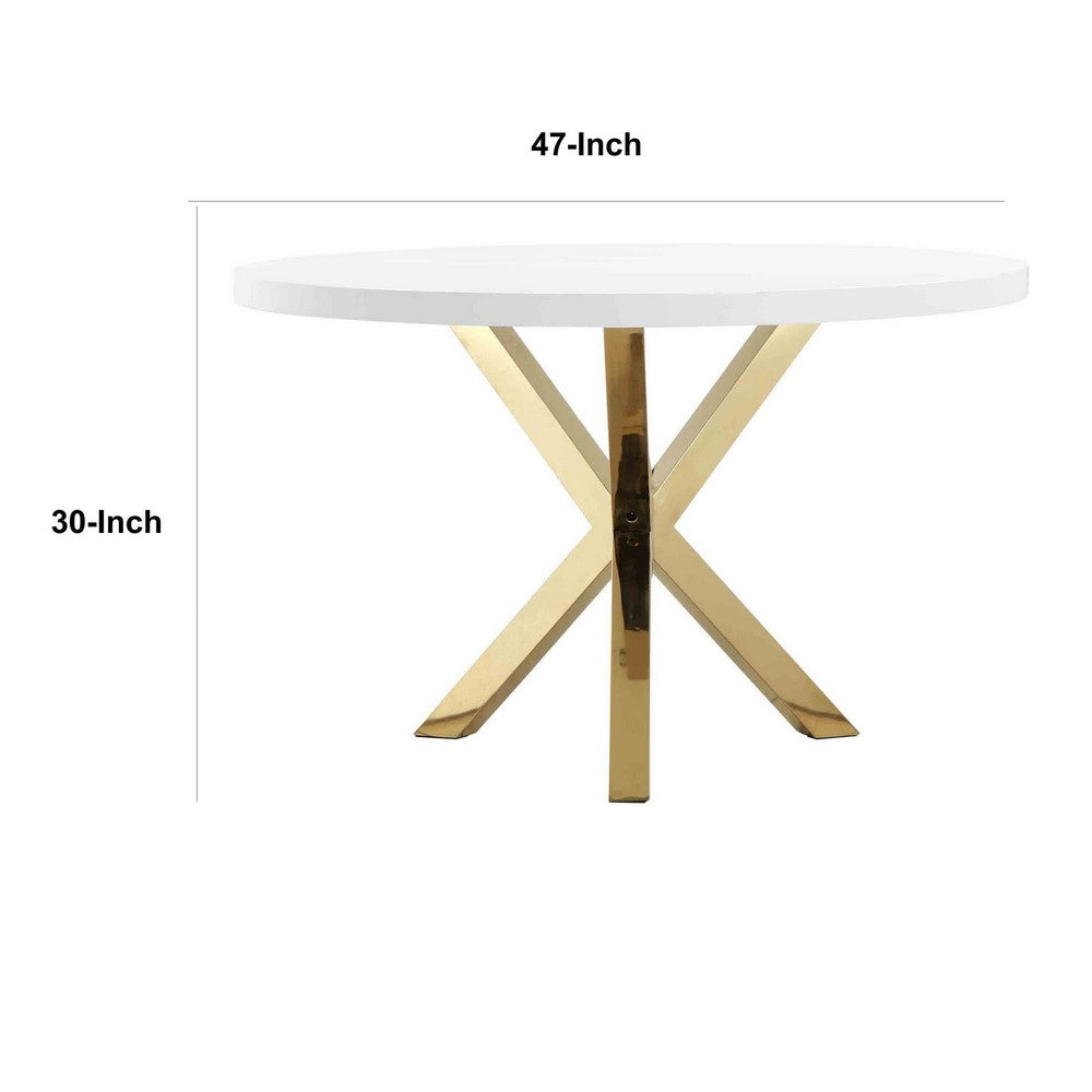 Emi 47 Inch Dining Table, Round White Lacquer Top, X Twisted Gold Legs By Casagear Home