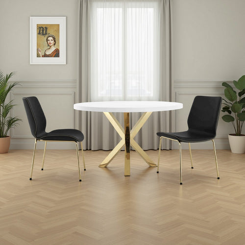 Emi 47 Inch Dining Table, Round White Lacquer Top, X Twisted Gold Legs By Casagear Home