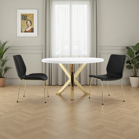 Emi 47 Inch Dining Table, Round White Lacquer Top, X Twisted Gold Legs By Casagear Home