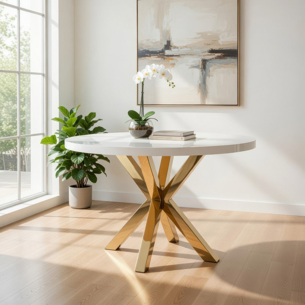 Emi 47 Inch Dining Table, Round White Lacquer Top, X Twisted Gold Legs By Casagear Home