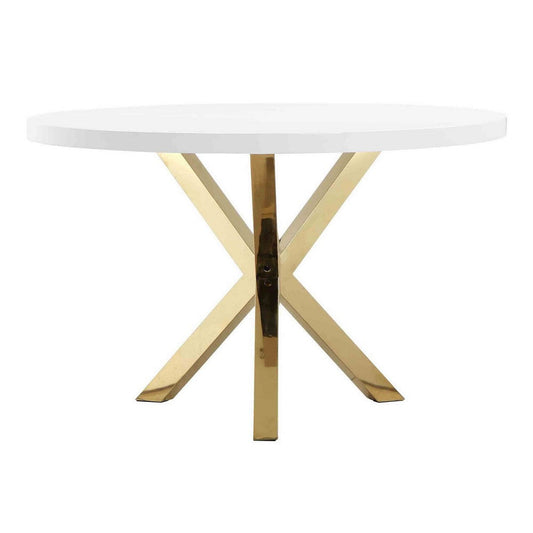 Emi 47 Inch Dining Table, Round White Lacquer Top, X Twisted Gold Legs By Casagear Home