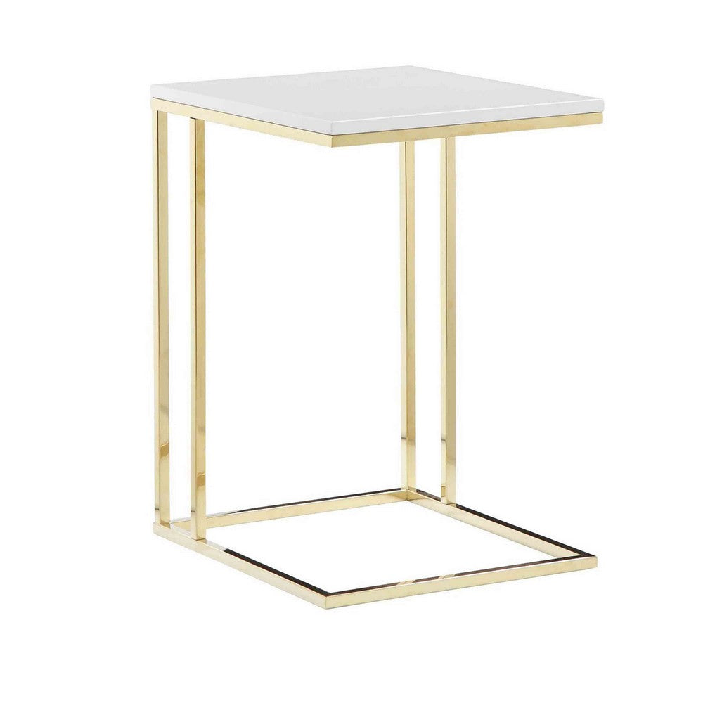 Zen 23 Inch Side End Tray Table, White Tray Top, Steel Base in Gold Finish By Casagear Home