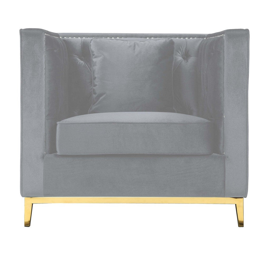 Vien 36 Inch Accent Chair Gray Tufted Velvet Gold Polished Steel Legs By Casagear Home