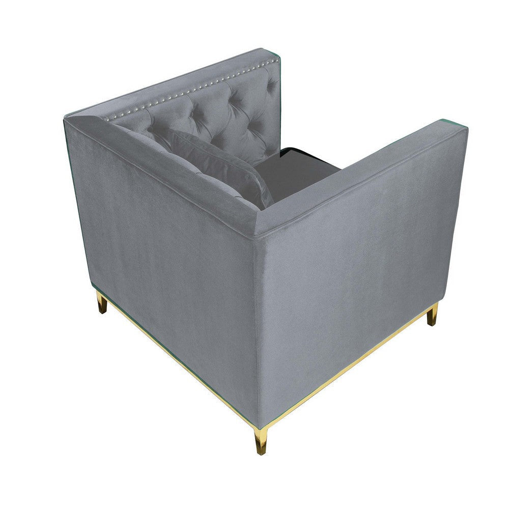 Vien 36 Inch Accent Chair Gray Tufted Velvet Gold Polished Steel Legs By Casagear Home