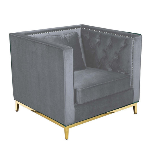 Vien 36 Inch Accent Chair, Gray Tufted Velvet, Gold Polished Steel Legs By Casagear Home