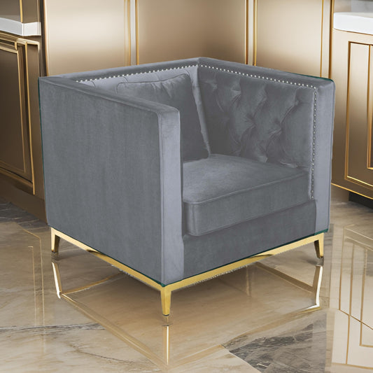 Vien 36 Inch Accent Chair Gray Tufted Velvet Gold Polished Steel Legs By Casagear Home BM317119