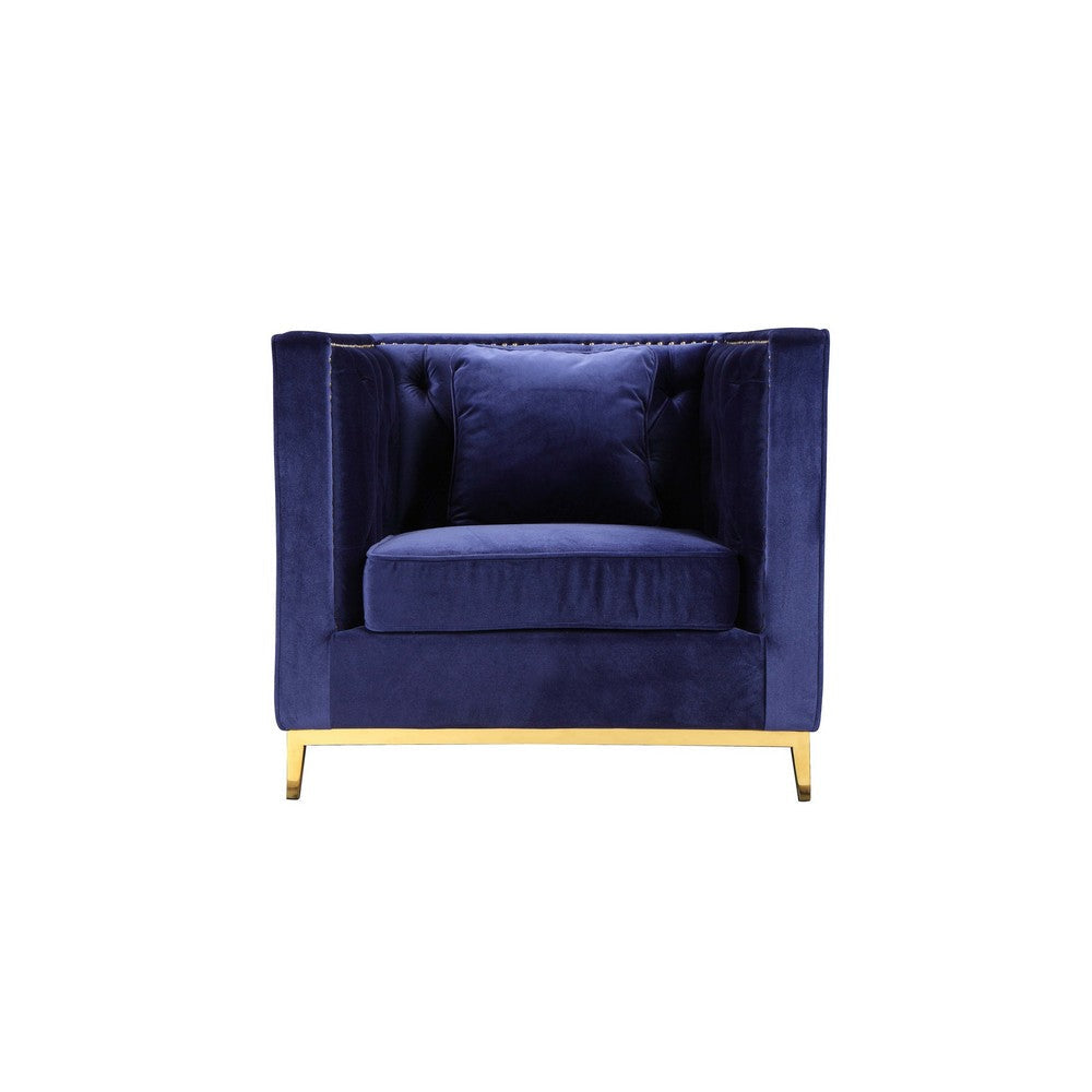 Vien 36 Inch Accent Chair Navy Tufted Velvet Gold Polished Steel Legs By Casagear Home