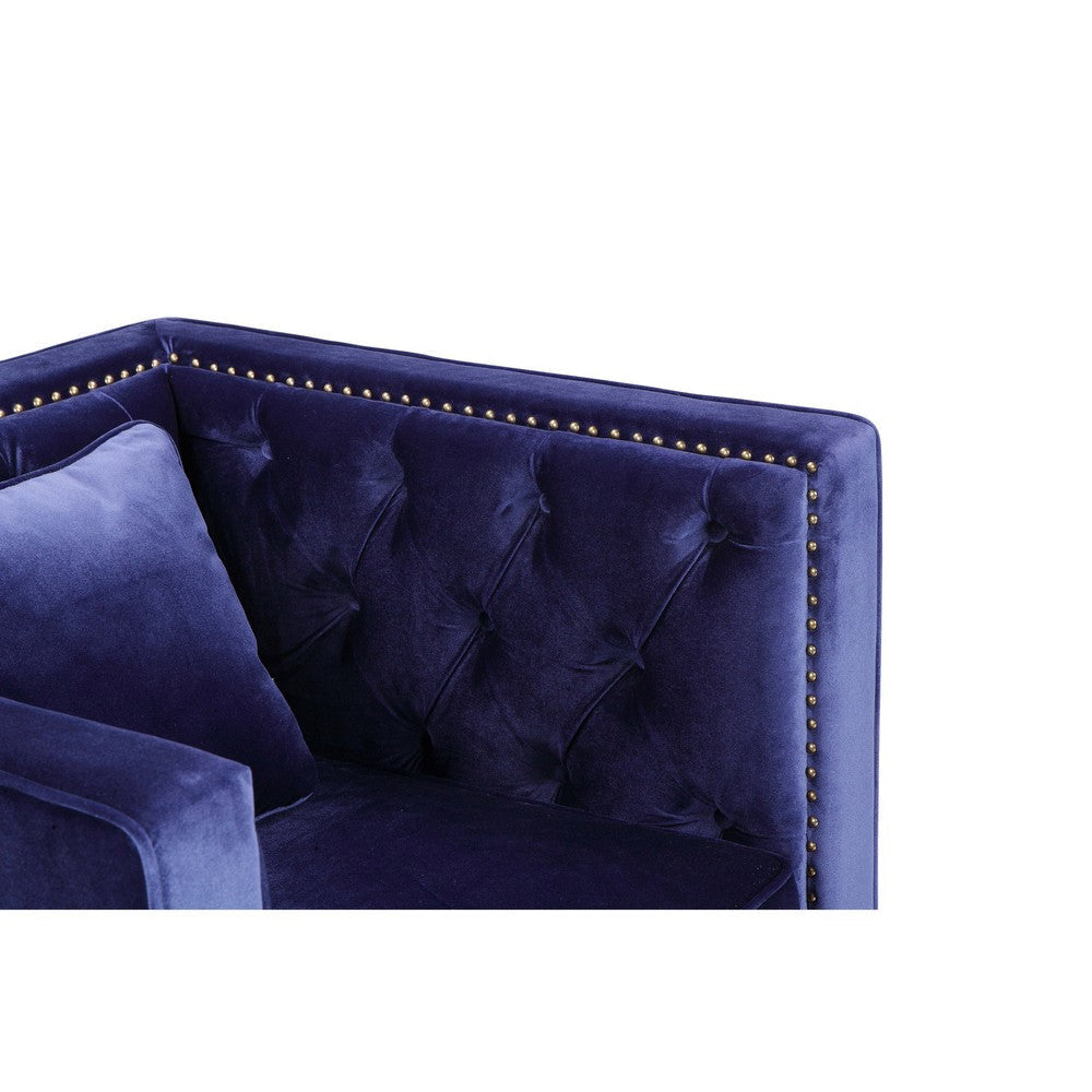 Vien 36 Inch Accent Chair Navy Tufted Velvet Gold Polished Steel Legs By Casagear Home