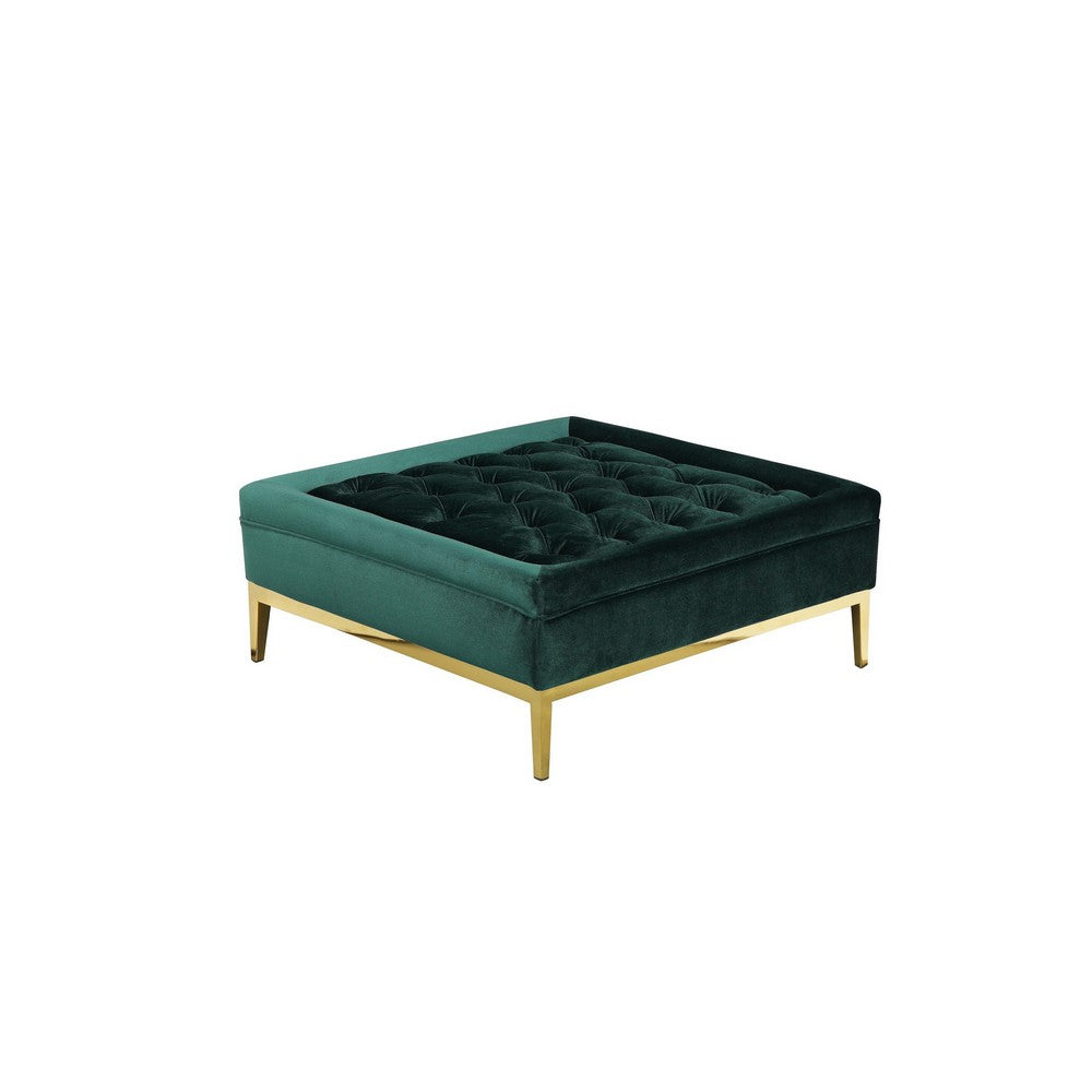 Vien 37 Inch Accent Ottoman, Square, Green Tuft Velvet, Gold Polished Steel By Casagear Home