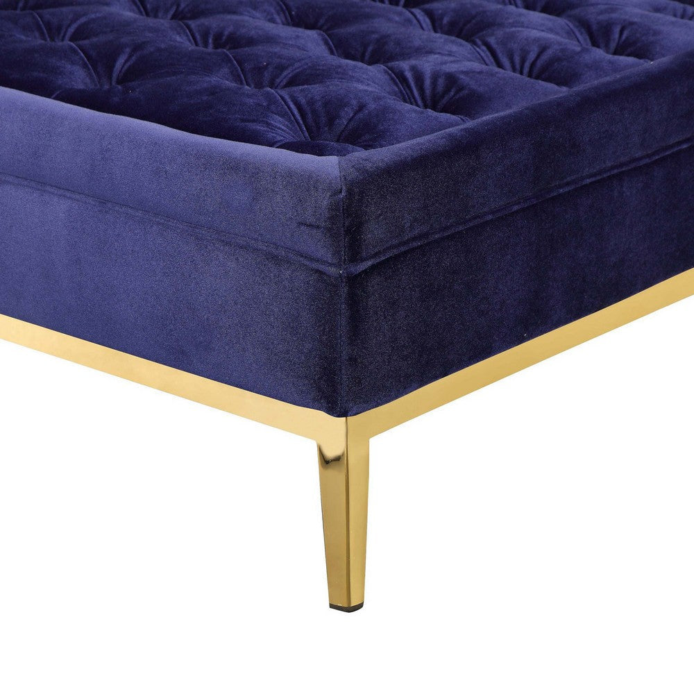 Vien 37 Inch Accent Ottoman, Square, Navy Tufted Velvet Gold Polished Steel By Casagear Home