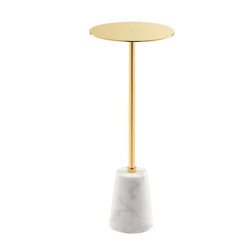 Sen 8 Inch Side End Drink Table Round White Genuine Marble Gold Finish By Casagear Home BM317126