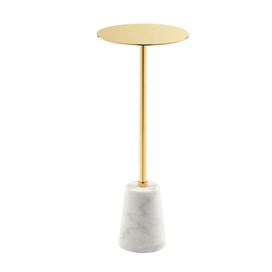 Sen 8 Inch Side End Drink Table, Round, White Genuine Marble, Gold Finish By Casagear Home
