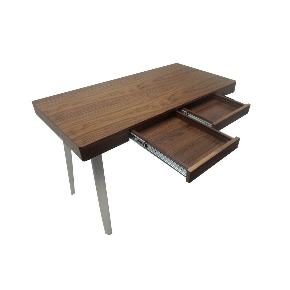 Hle 47 Inch Desk Walnut Brown Wood Top 2 Drawers High Polished Steel By Casagear Home BM317141