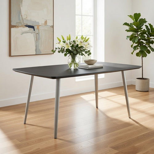 Hle 71 Inch Dining Table, Rectangular Gray Wood Top, Brushed Steel Legs By Casagear Home