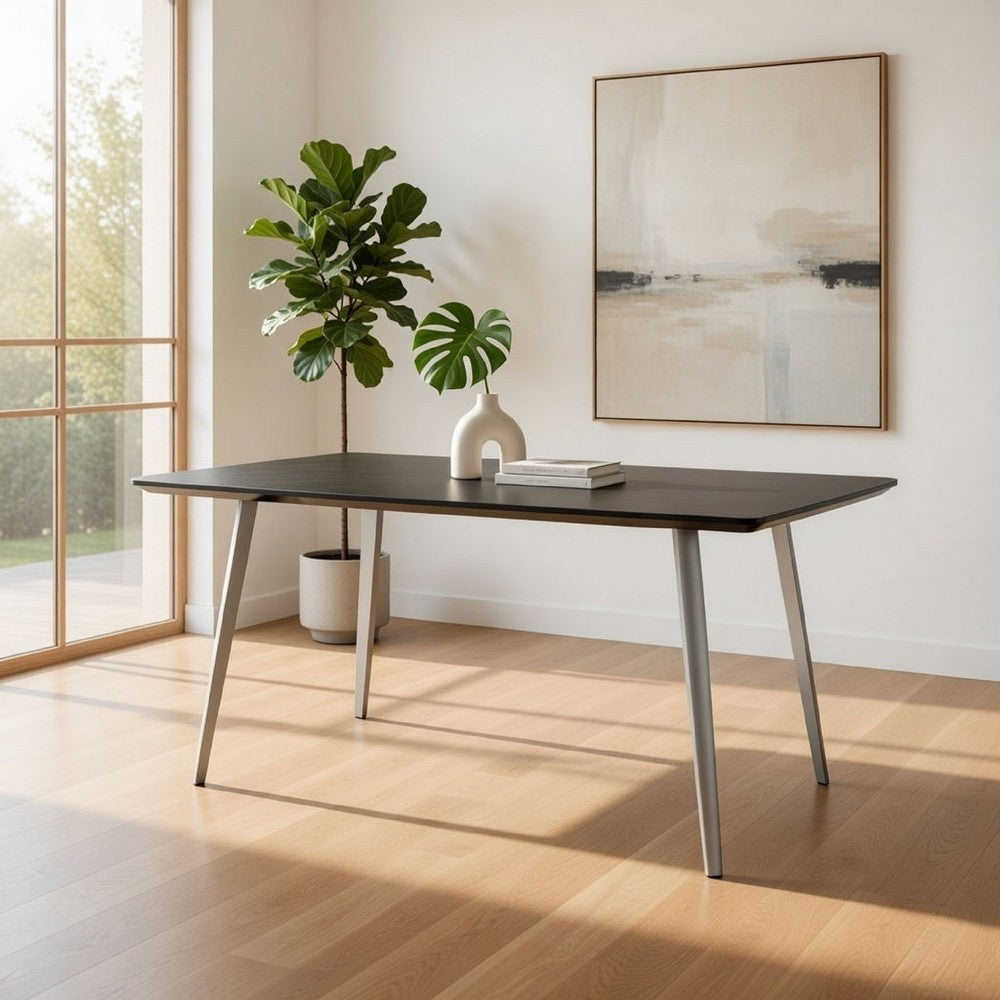 Hle 71 Inch Dining Table, Rectangular Gray Wood Top, Brushed Steel Legs By Casagear Home