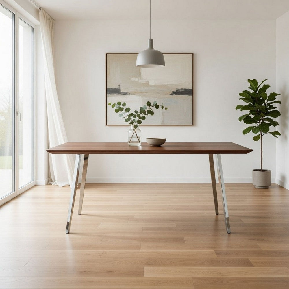Hle 71 Inch Dining Table, Rectangular Walnut Brown Wood Top, Steel Legs By Casagear Home