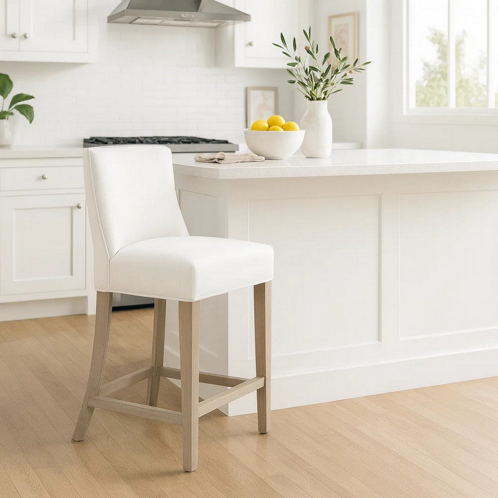 Ray 26 Inch Counter Stool Chair, Cushioned, White Linen, Brown Ash Wood By Casagear Home