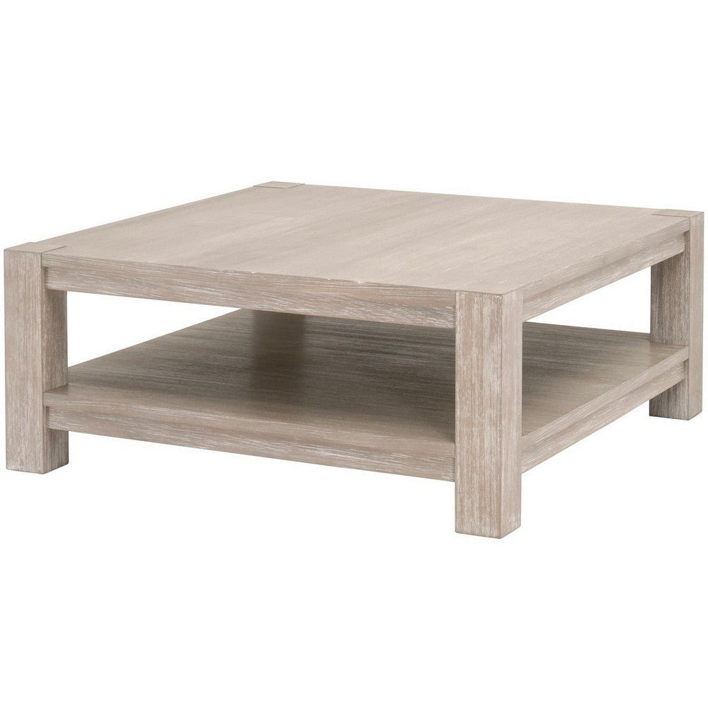 Gima 42 Inch Square Coffee Table Solid Beechwood Top and Shelf Gray By Casagear Home BM317168