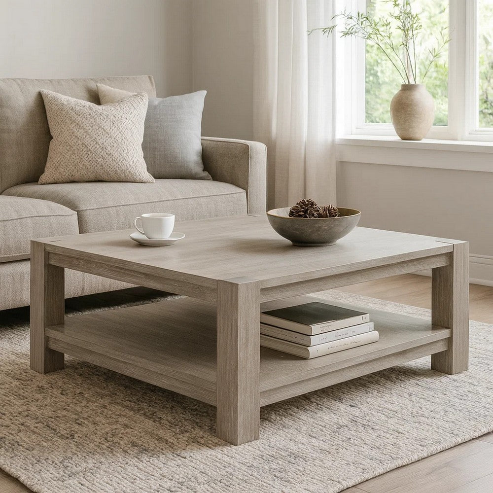 Gima 42 Inch Square Coffee Table, Solid Beechwood Top and Shelf, Gray By Casagear Home