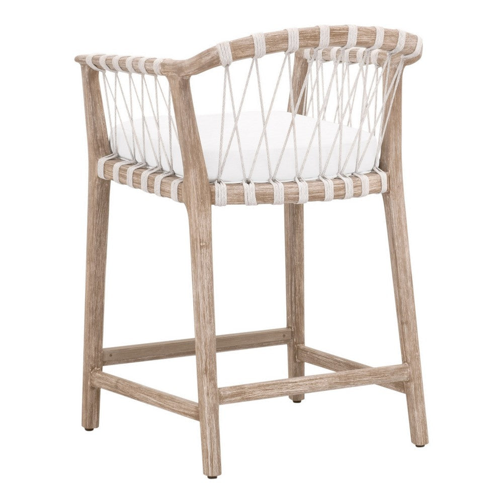 Fiu 27 Inch Counter Stool Chair Natural Wood Woven Rope White Olefin By Casagear Home BM317170