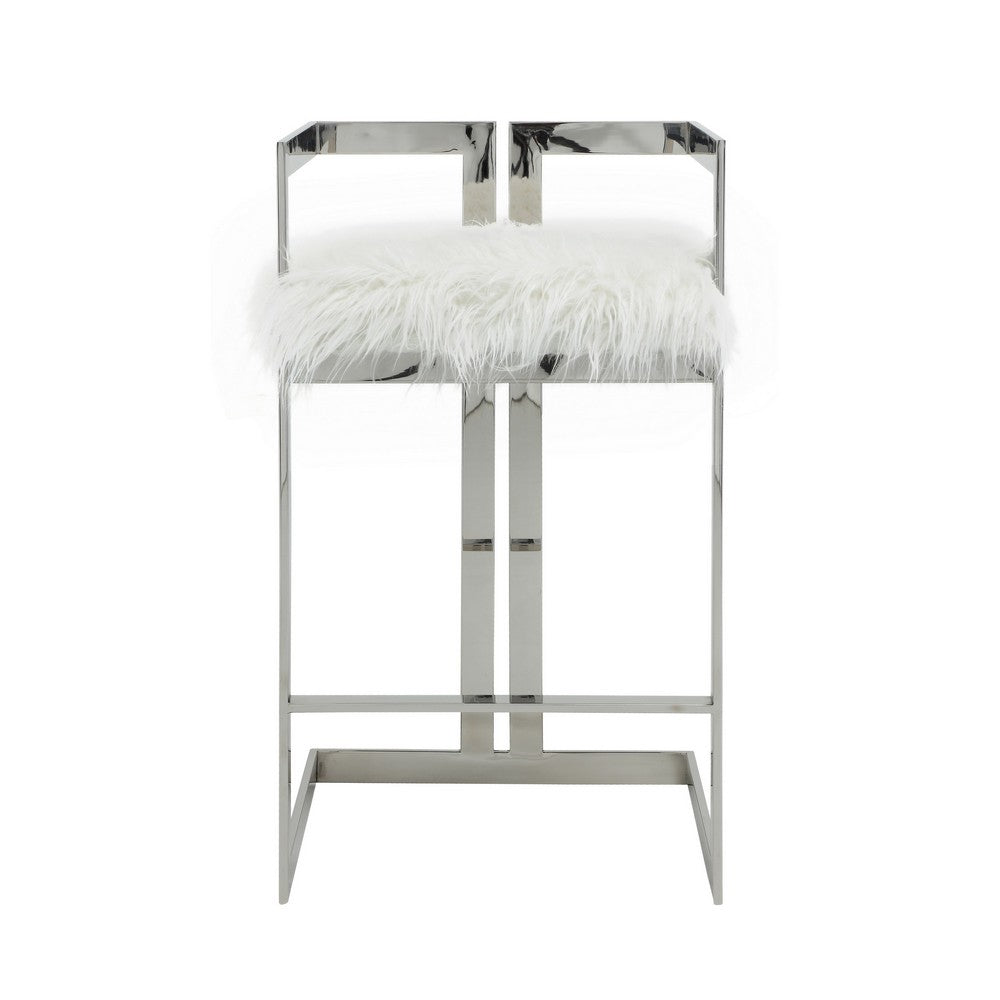 Suki 30 Inch Barstool Chair, White Faux Fur, Silver Stainless Steel Frame By Casagear Home