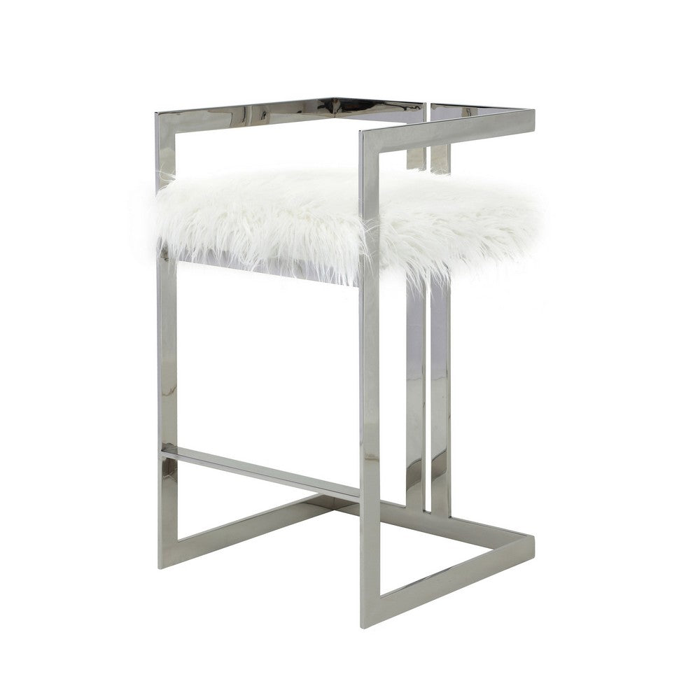 Suki 30 Inch Barstool Chair, White Faux Fur, Silver Stainless Steel Frame By Casagear Home
