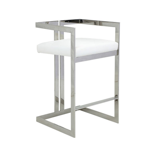 Suki 30 Inch Barstool Chair, White Faux Leather, Silver Stainless Steel By Casagear Home