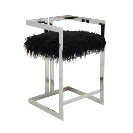 Suki 26 Inch Counter Stool Chair, Black Faux Fur, Silver Stainless Steel By Casagear Home