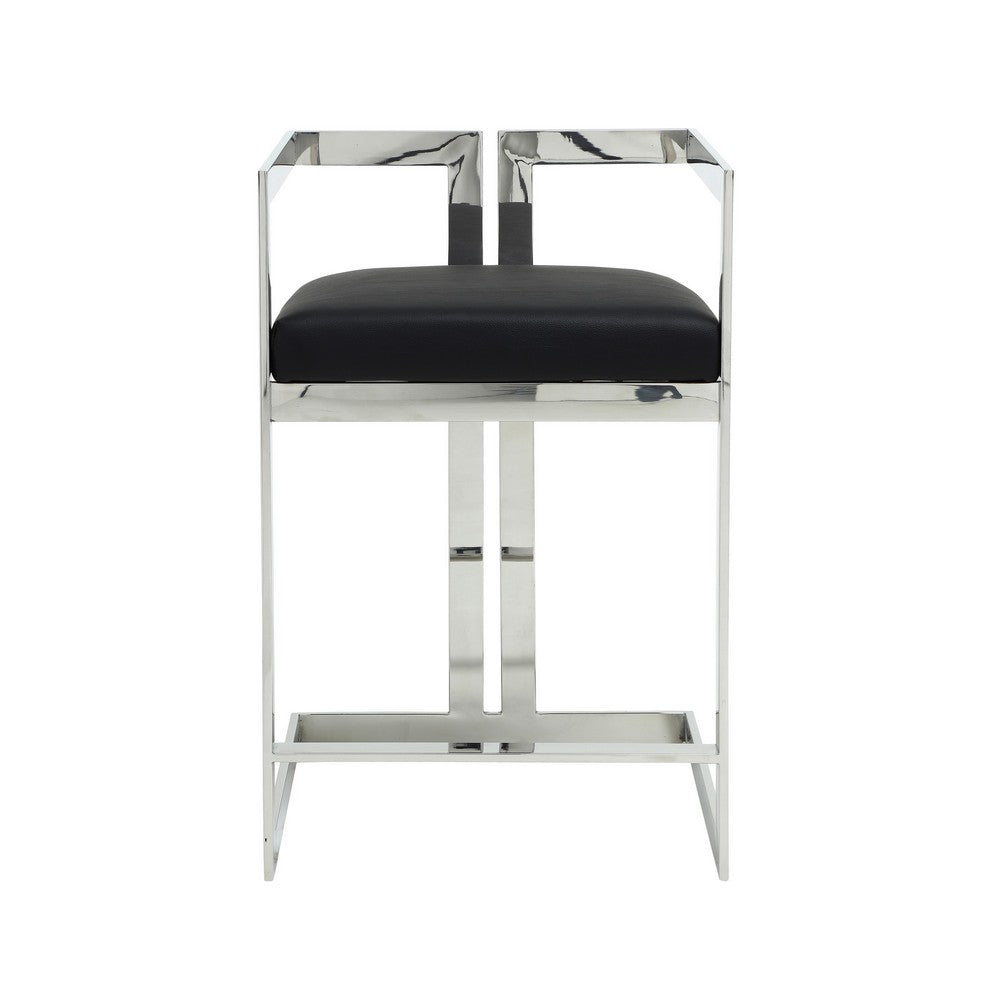 Suki 26 Inch Counter Stool Chair, Black Faux Leather Silver Stainless Steel By Casagear Home