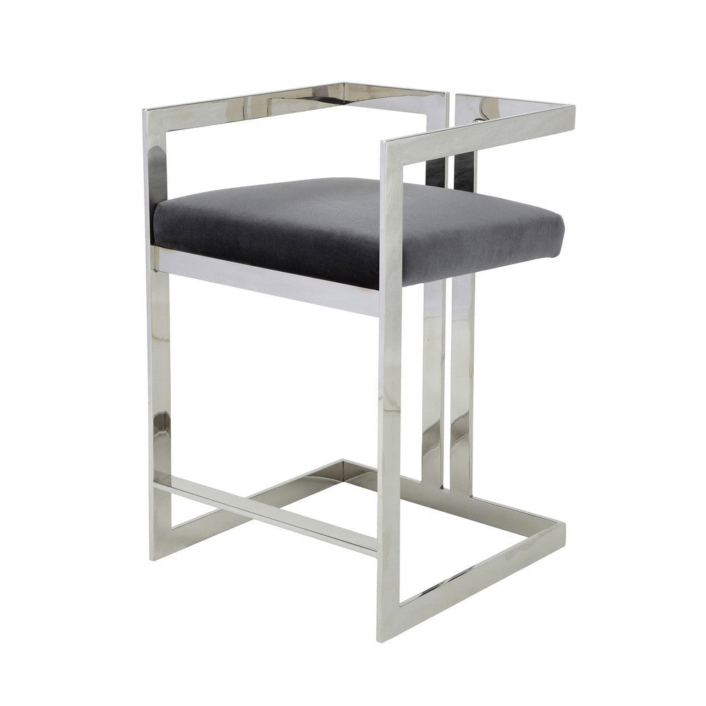 Suki 26 Inch Counter Stool Chair, Gray Velvet, Silver Stainless Steel Frame By Casagear Home