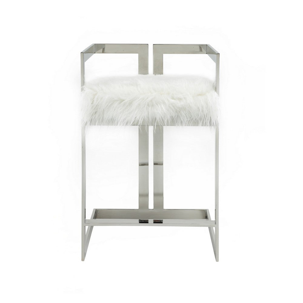 Suki 26 Inch Counter Stool Chair, White Faux Fur, Silver Stainless Steel By Casagear Home
