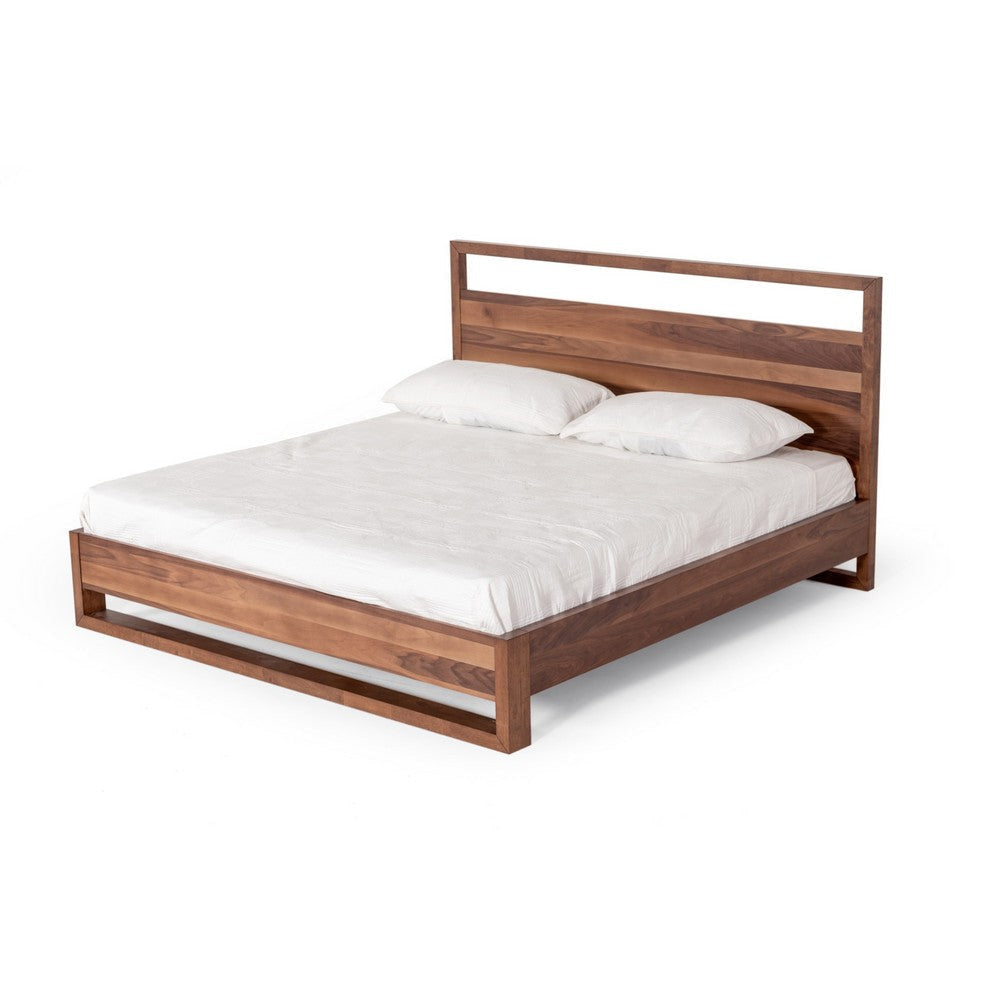 Lina Queen Size Bed with Plank Style Tall Headboard Modern Walnut Brown By Casagear Home BM317193