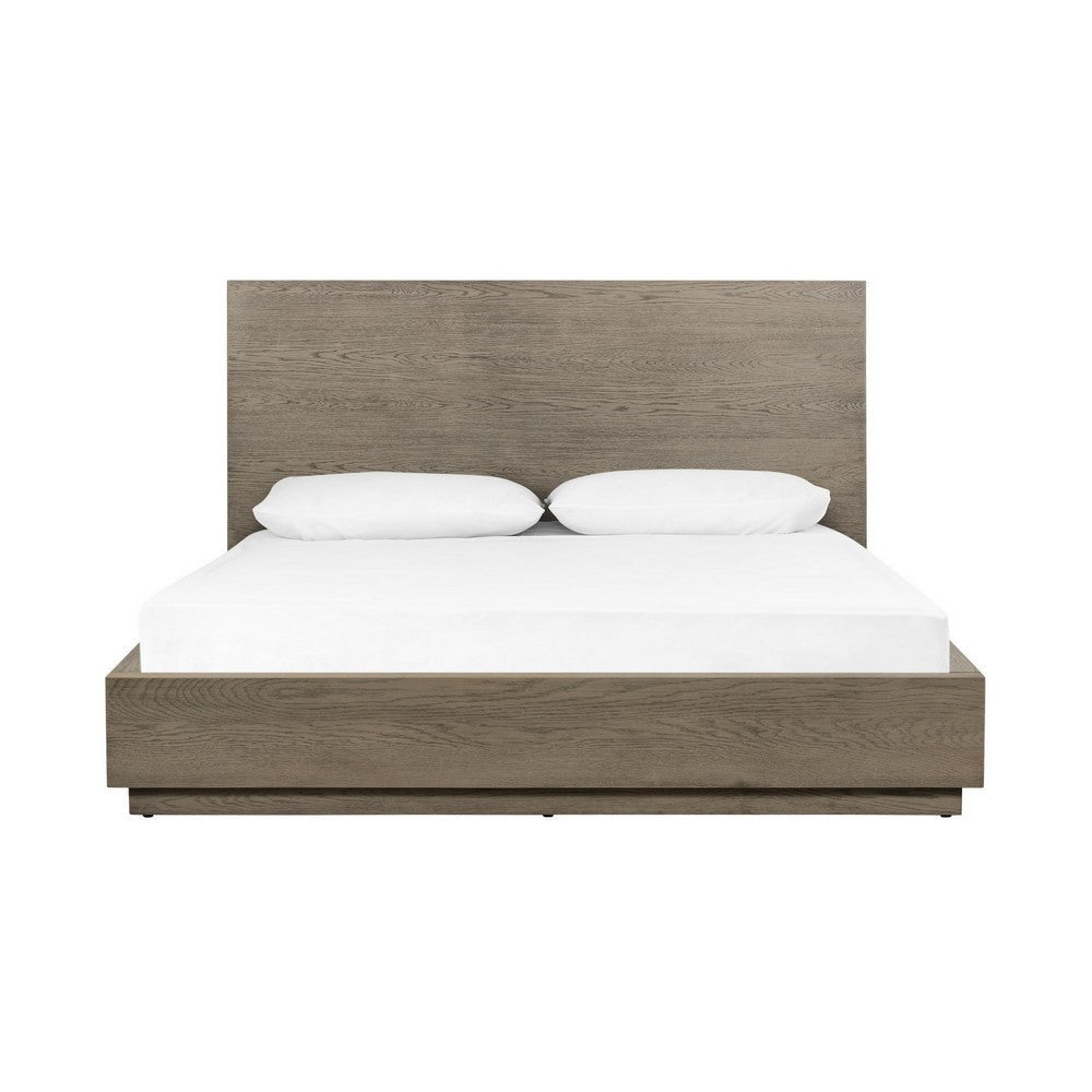 Cid Rain Queen Size Bed, Tall Panel Headboard, Low Profile, Gray Oak Veneer By Casagear Home