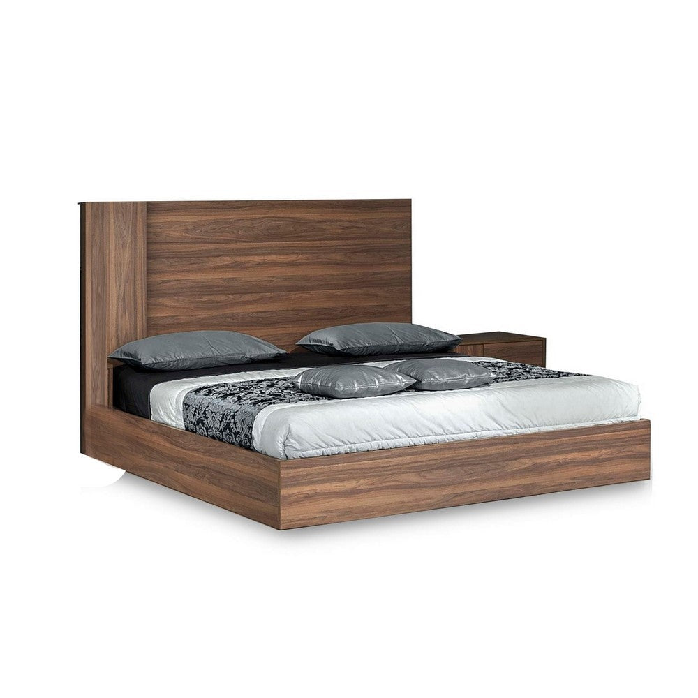 Noe Zid Queen Bed with Tall Headboard, Low Profile, Brown Walnut Veneer By Casagear Home