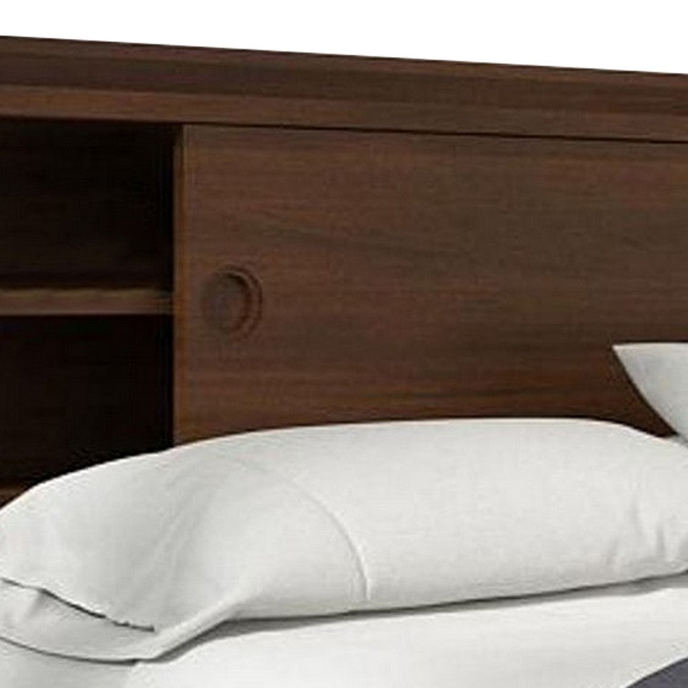 Toen Queen Size Bed Tall Headboard with Sliding Door Shelves Brown Acacia By Casagear Home BM317211