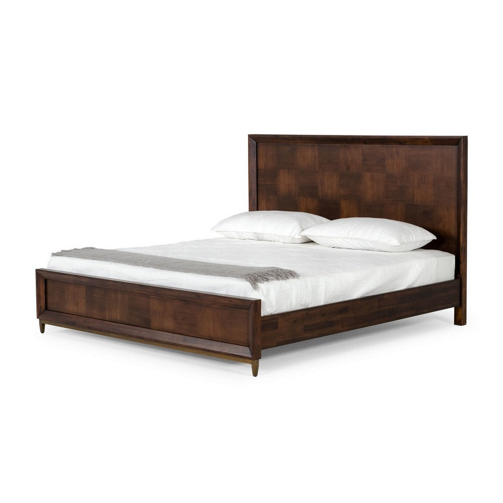 Cid Kew Queen Size Bed, Tall Headboard, Textured Block Pattern Brown Veneer By Casagear Home