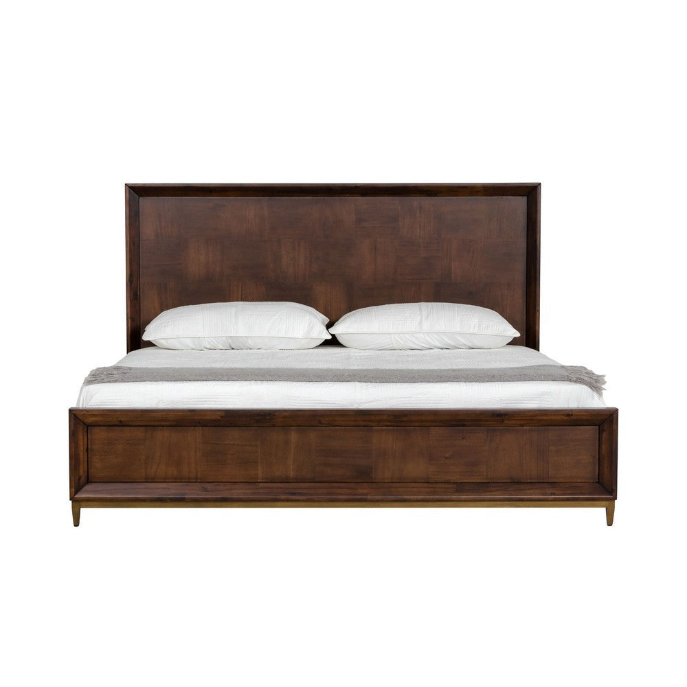 Cid Kew Queen Size Bed Tall Headboard Textured Block Pattern Brown Veneer By Casagear Home BM317218