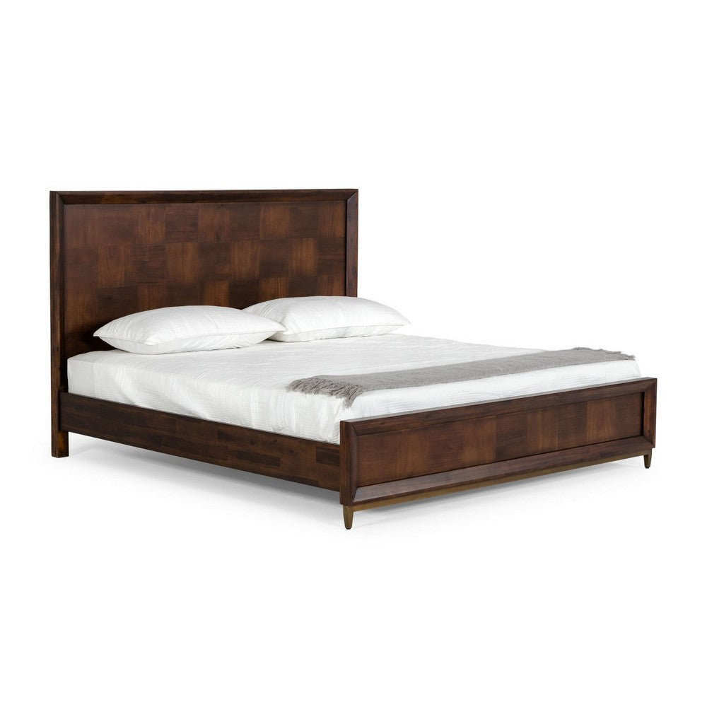 Cid Kew Queen Size Bed Tall Headboard Textured Block Pattern Brown Veneer By Casagear Home BM317218