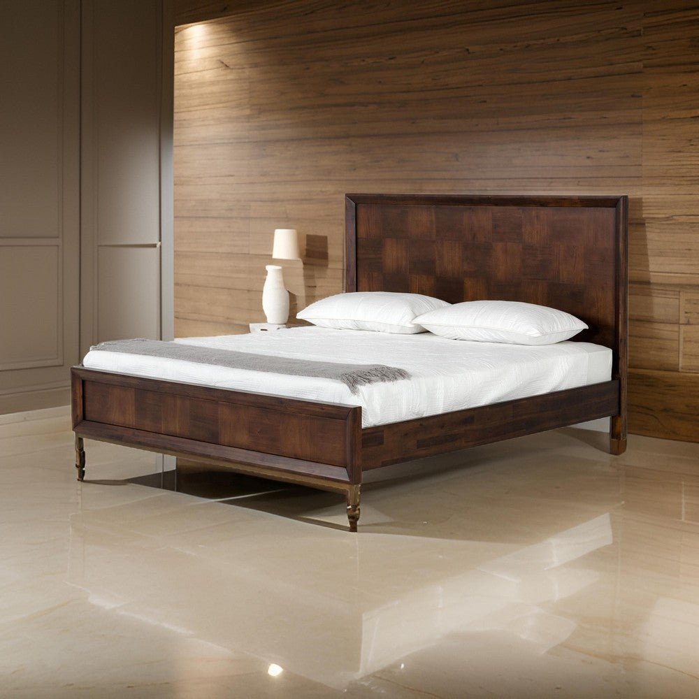 Cid Kew King Size Bed, Tall Headboard, Textured Block Pattern Brown Veneer By Casagear Home